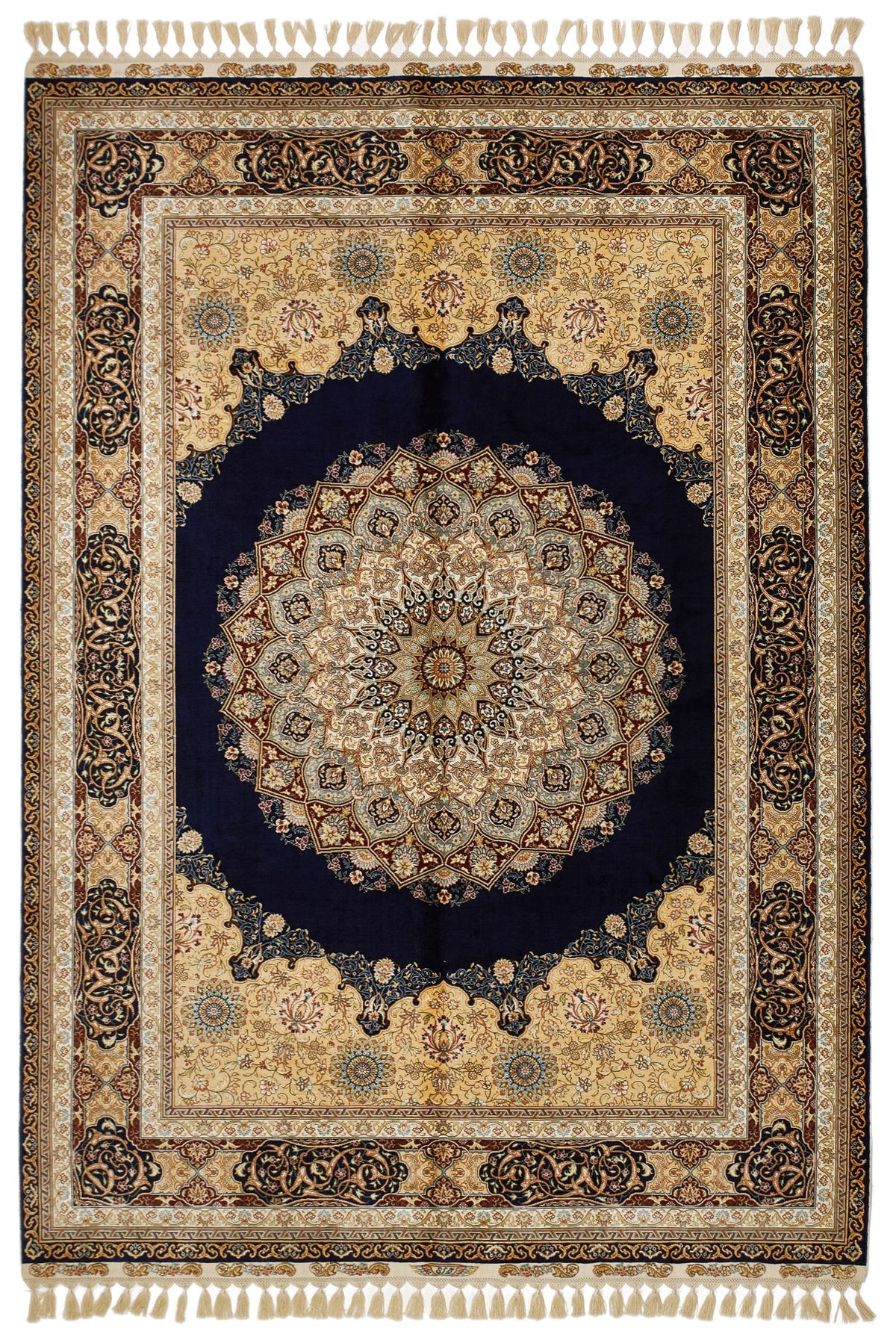 6x8 Navy and Multicolor Turkish Silk Rug