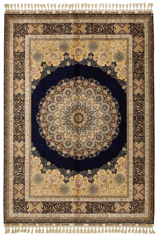 6x8 Navy and Multicolor Turkish Silk Rug