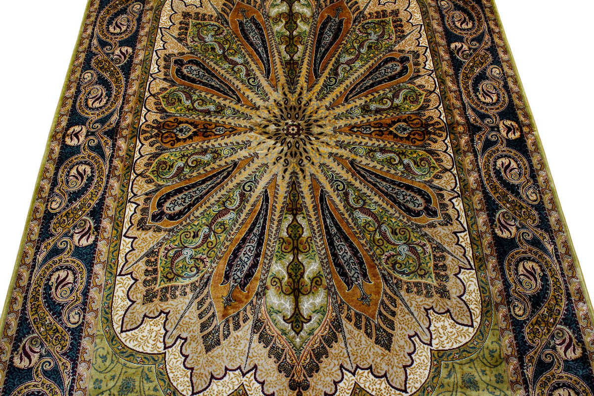 4x6 Green and Navy Turkish Silk Rug