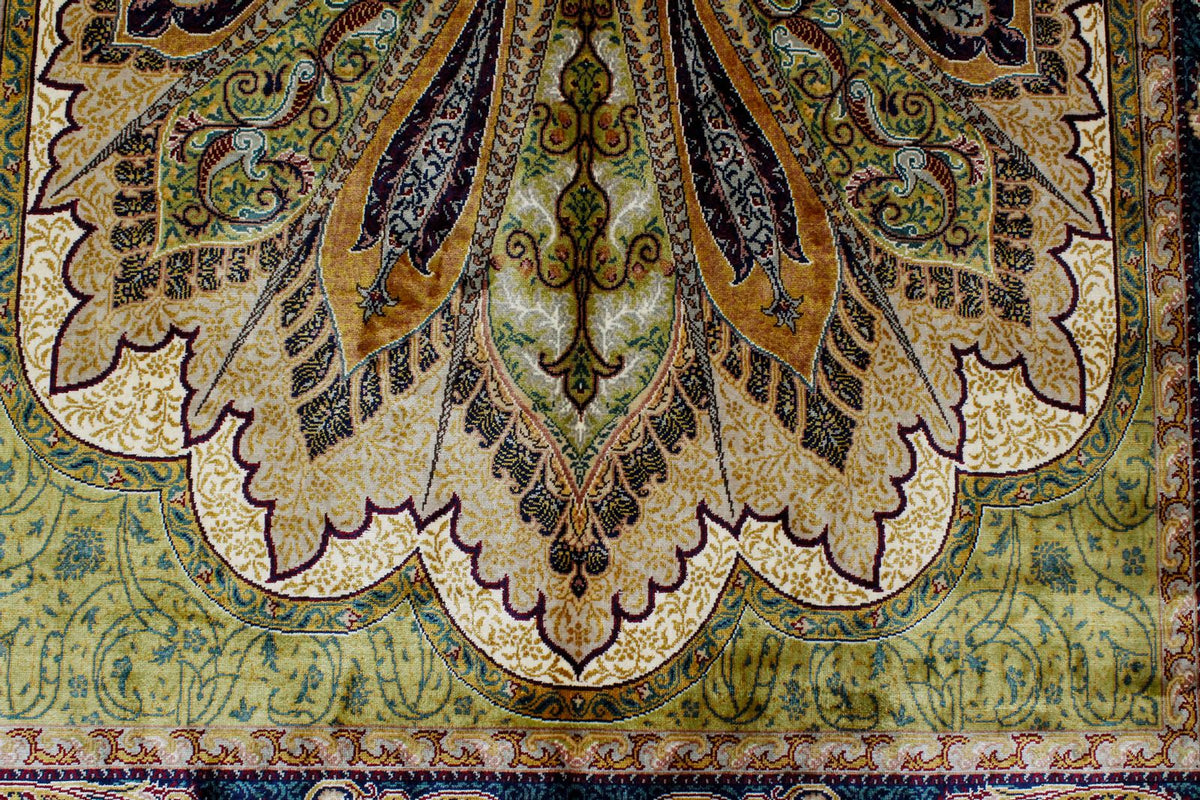 4x6 Green and Navy Turkish Silk Rug