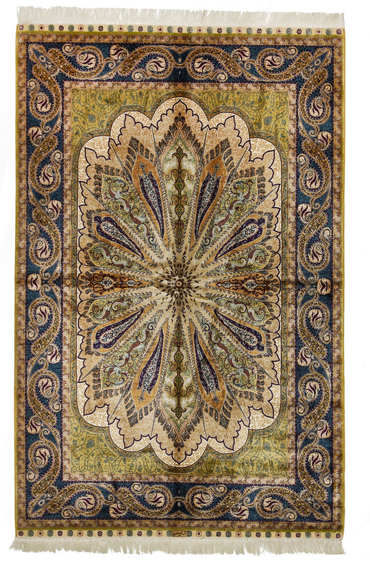 4x6 Green and Navy Turkish Silk Rug