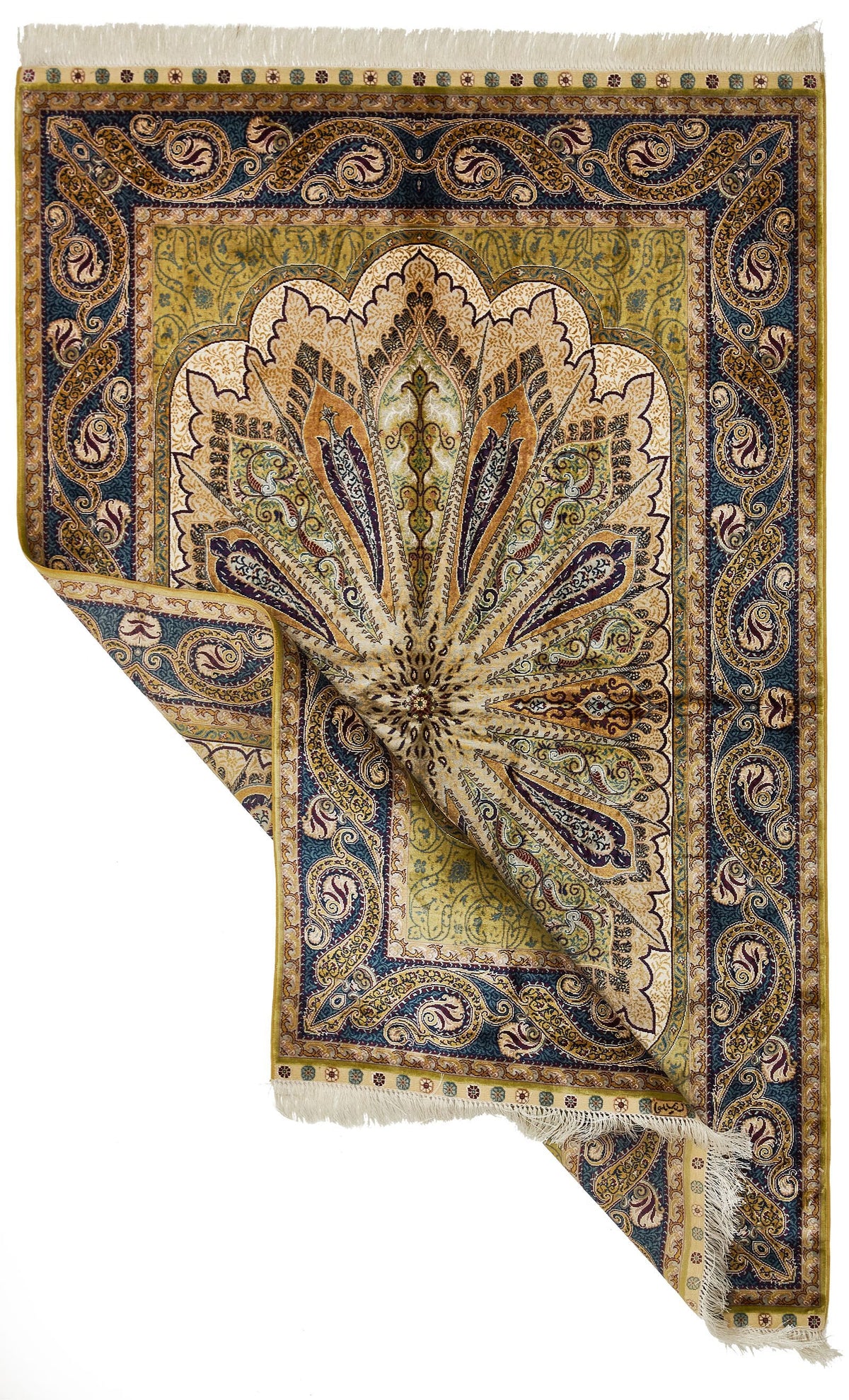 4x6 Green and Navy Turkish Silk Rug