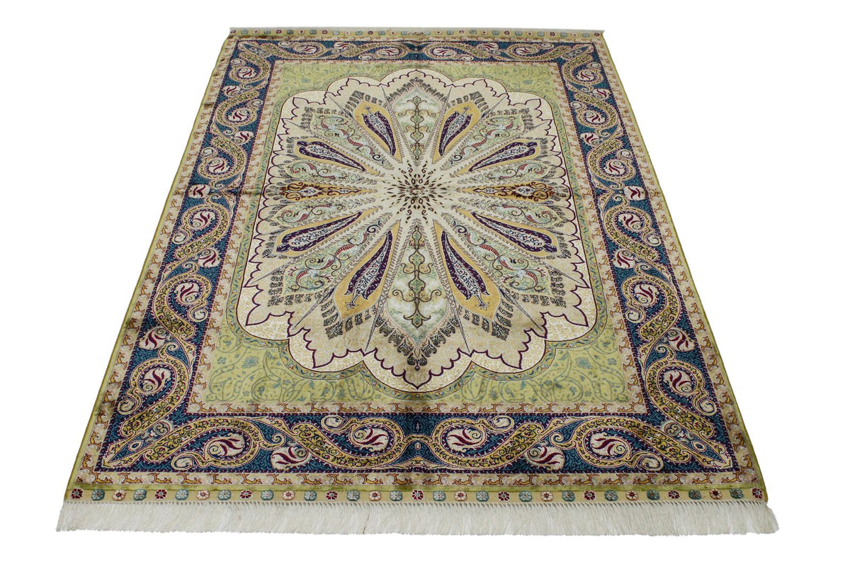 4x6 Green and Navy Turkish Silk Rug
