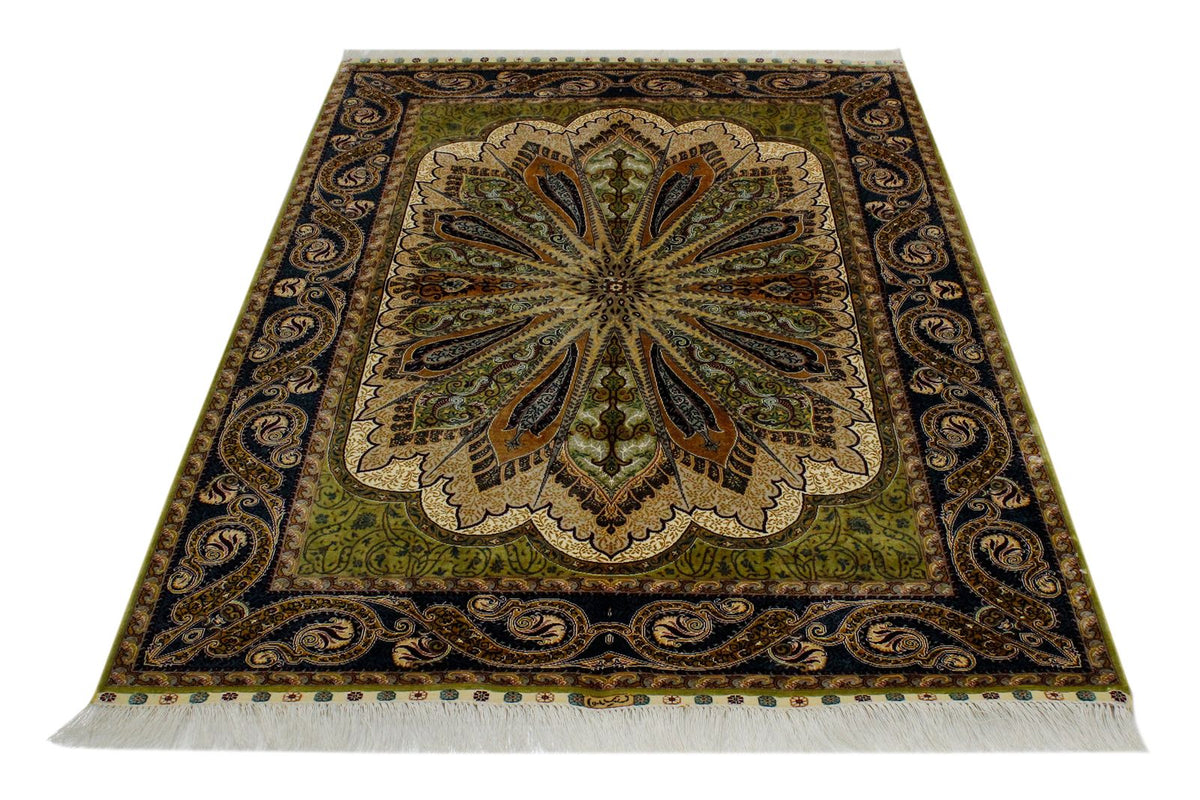 4x6 Green and Navy Turkish Silk Rug