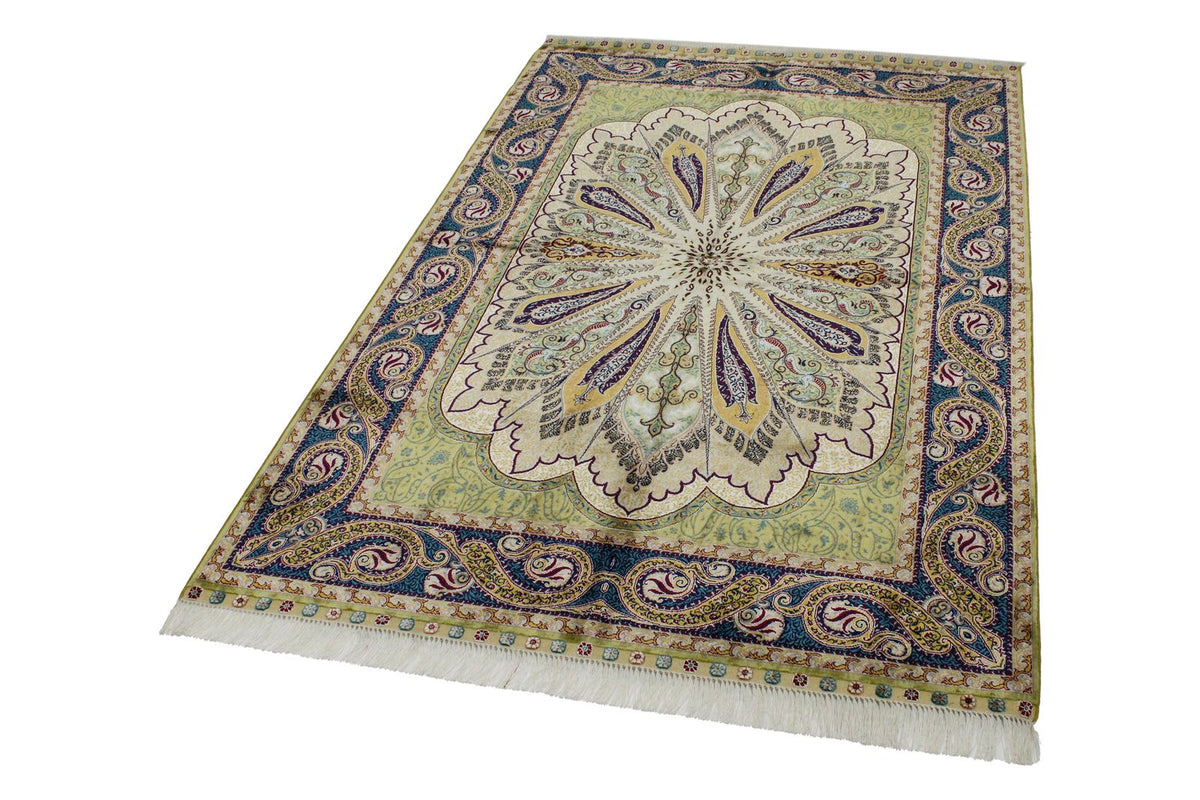 4x6 Green and Navy Turkish Silk Rug