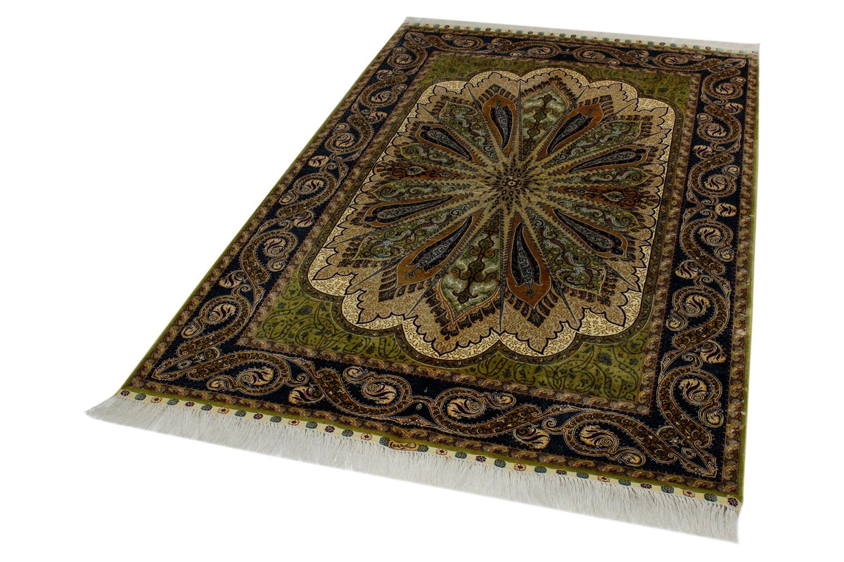 4x6 Green and Navy Turkish Silk Rug