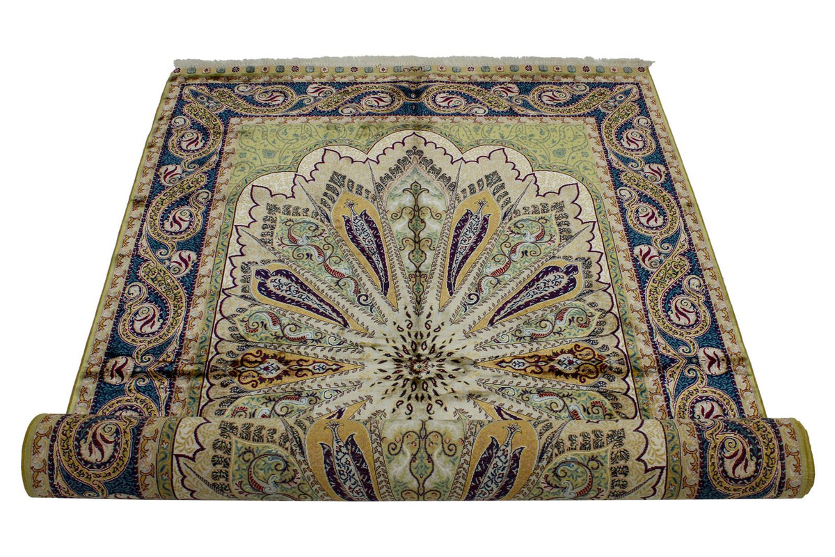 4x6 Green and Navy Turkish Silk Rug