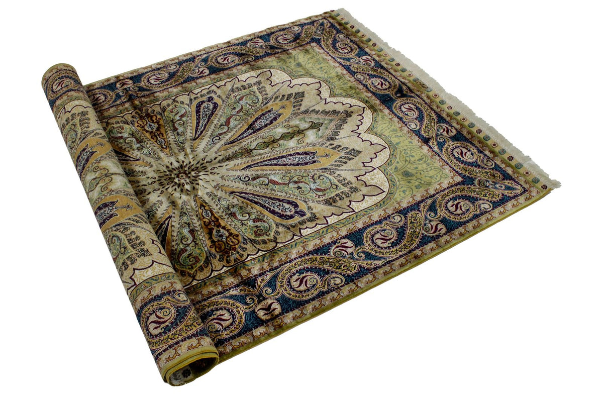 4x6 Green and Navy Turkish Silk Rug