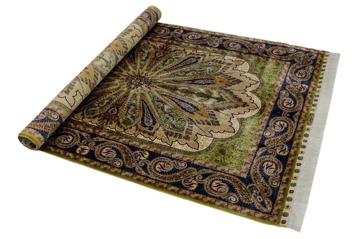4x6 Green and Navy Turkish Silk Rug