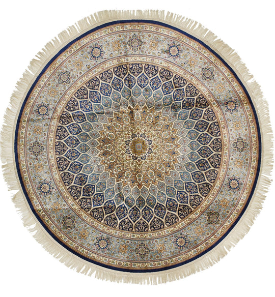 6x6 Navy and Multicolor Turkish Silk Rug