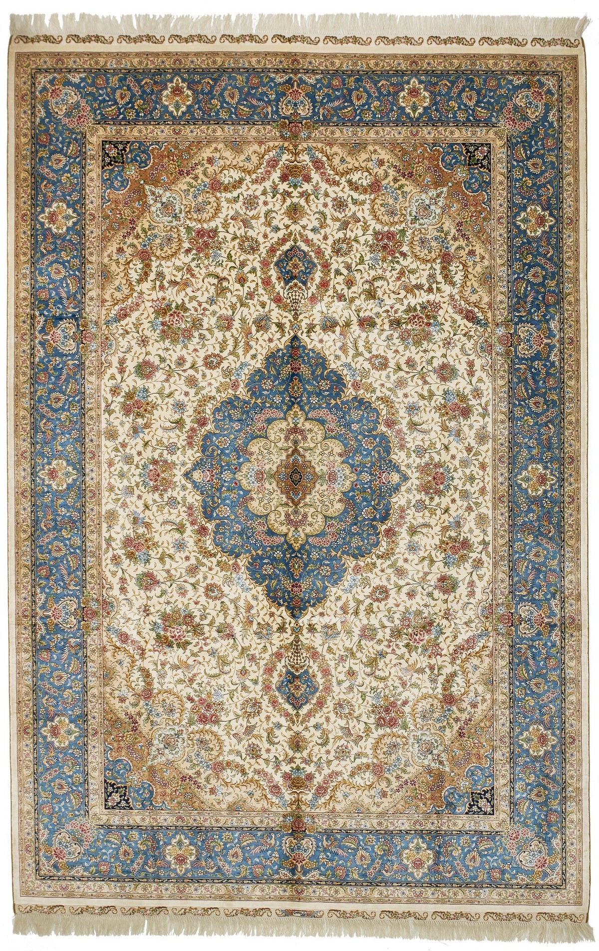 6x9 Ivory and Blue Turkish Silk Rug