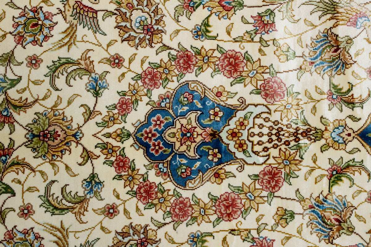 6x9 Ivory and Blue Turkish Silk Rug