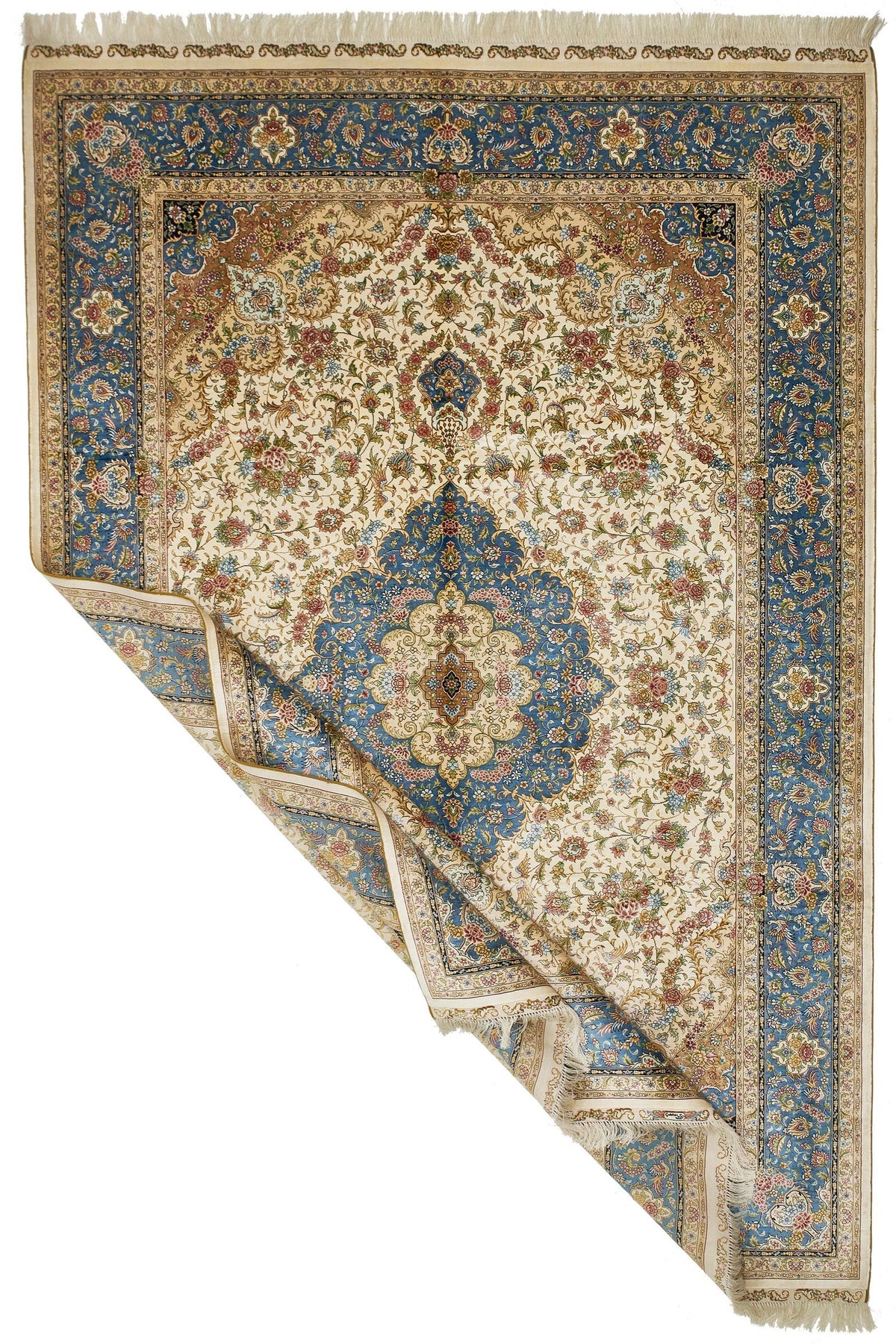 6x9 Ivory and Blue Turkish Silk Rug