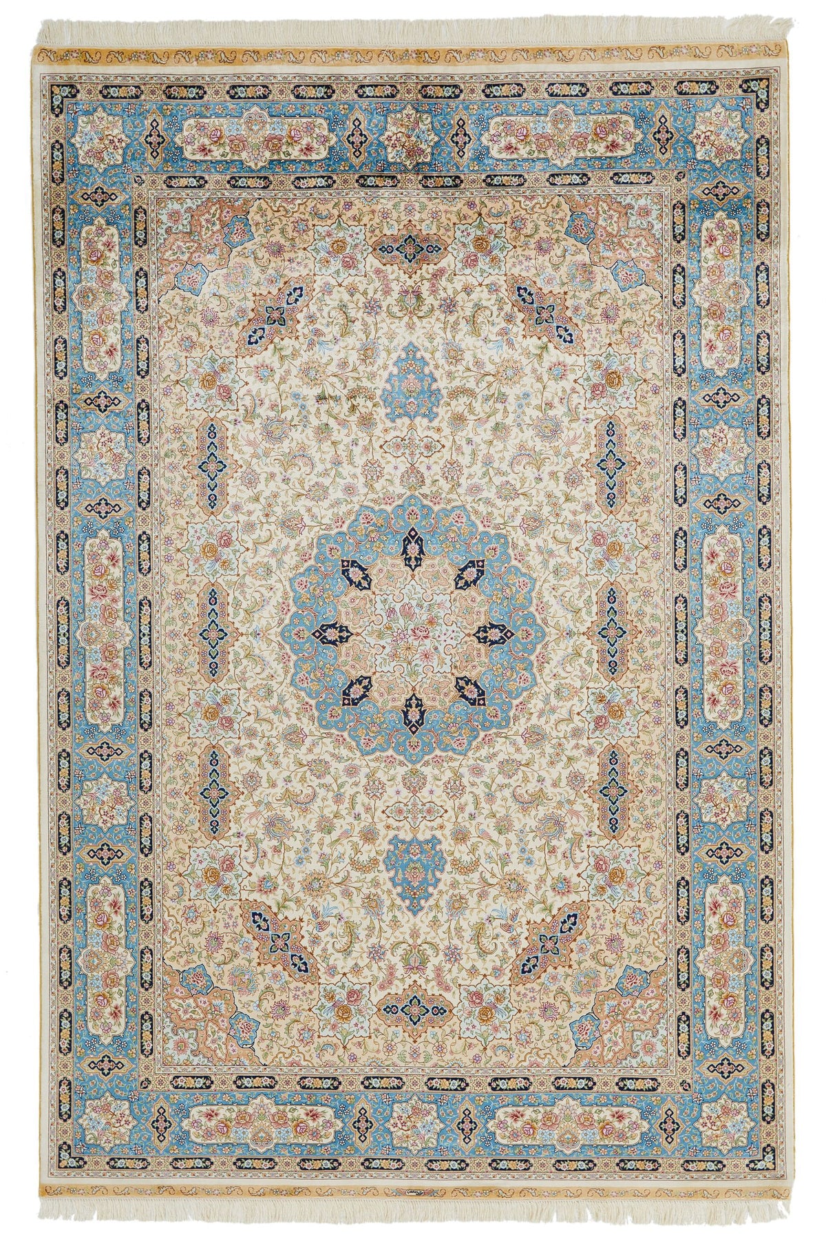 6x9 Ivory and Blue Turkish Silk Rug