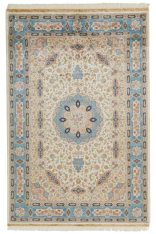 6x9 Ivory and Blue Turkish Silk Rug