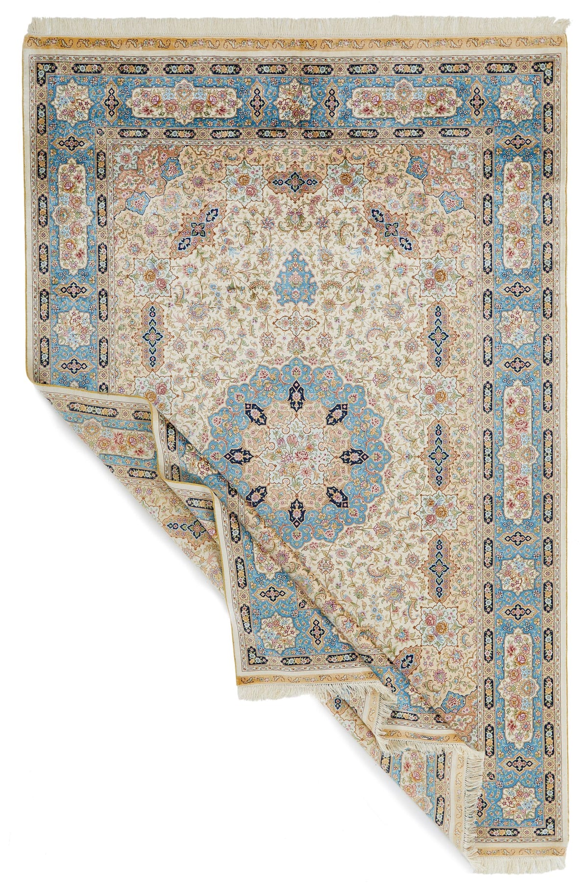 6x9 Ivory and Blue Turkish Silk Rug