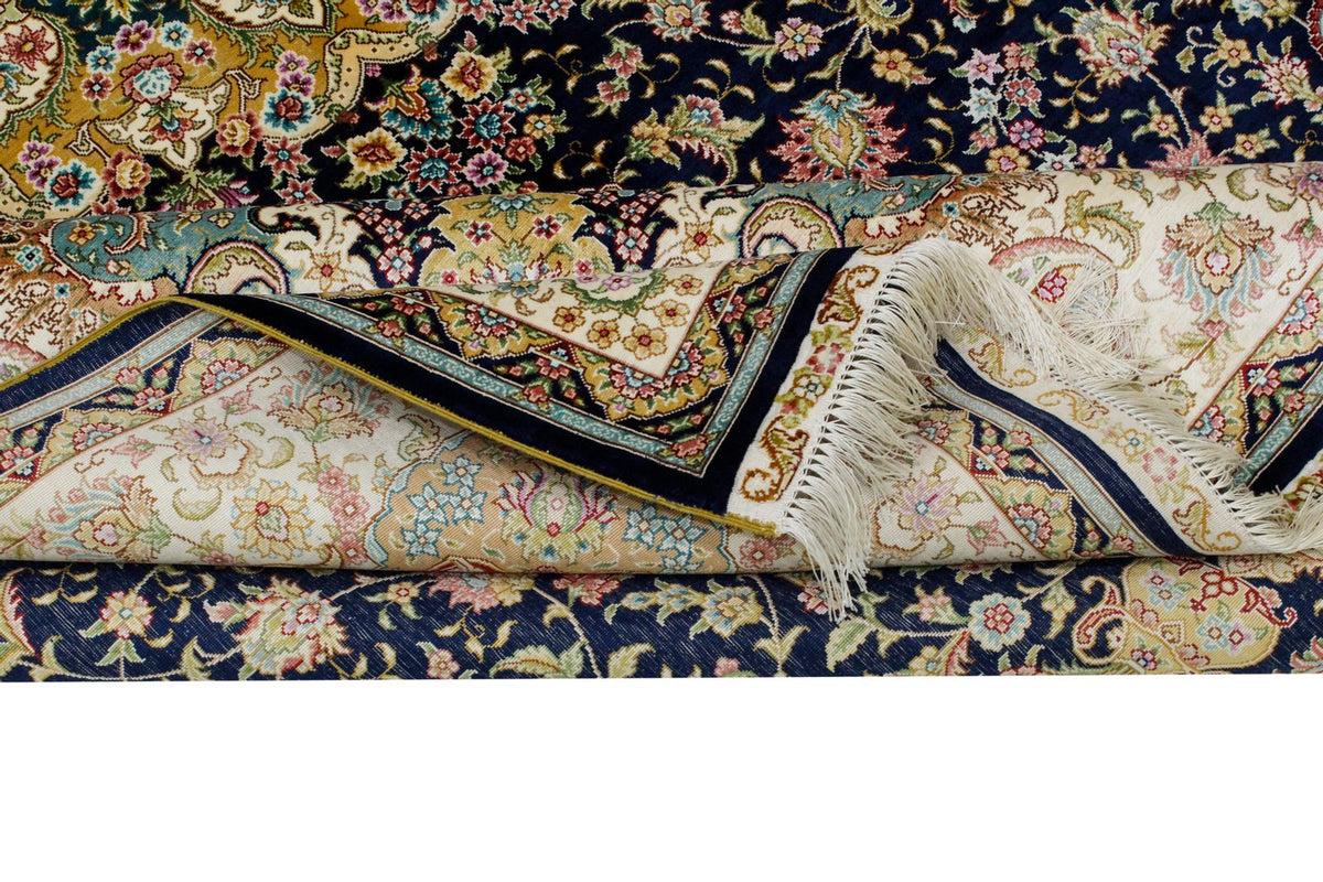 6x9 Navy and Ivory Turkish Silk Rug