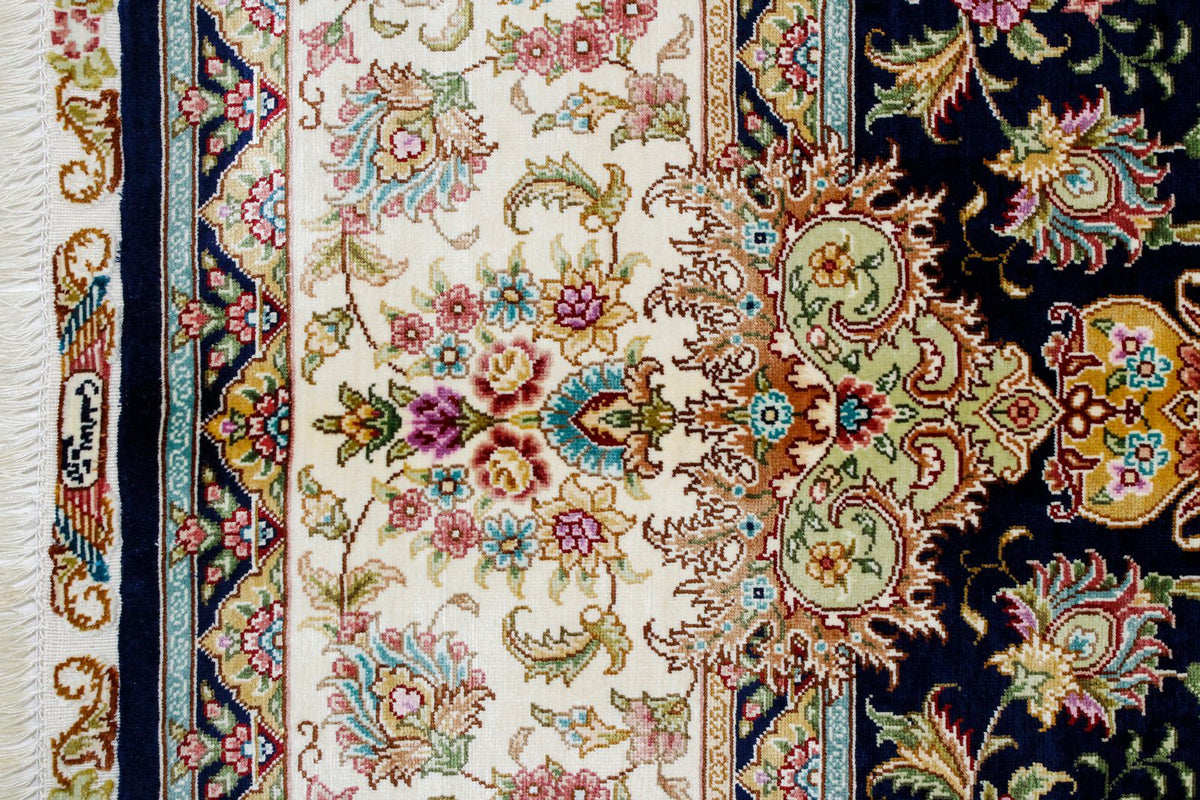 6x9 Navy and Ivory Turkish Silk Rug