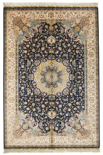 6x9 Navy and Ivory Turkish Silk Rug