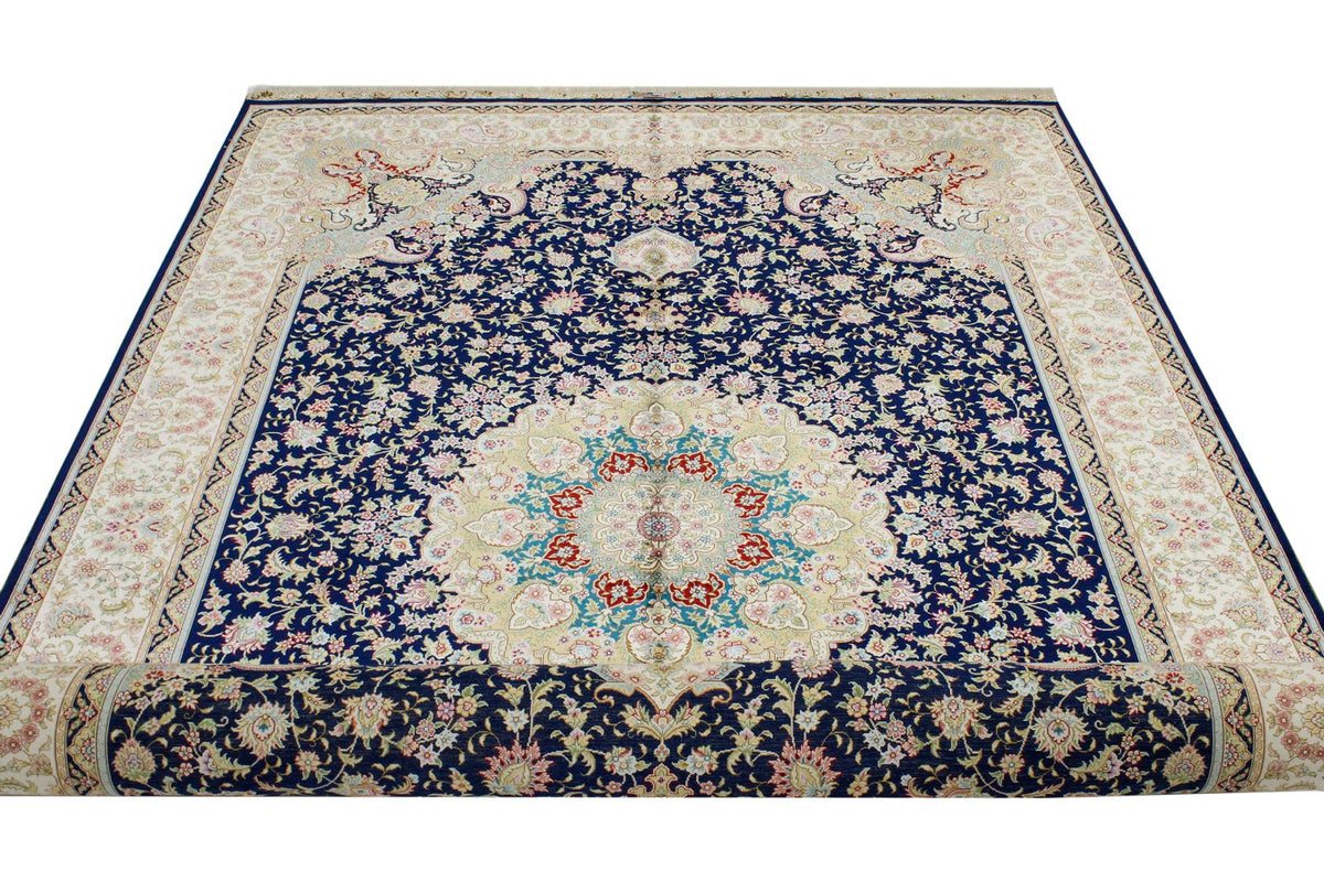 6x9 Navy and Ivory Turkish Silk Rug