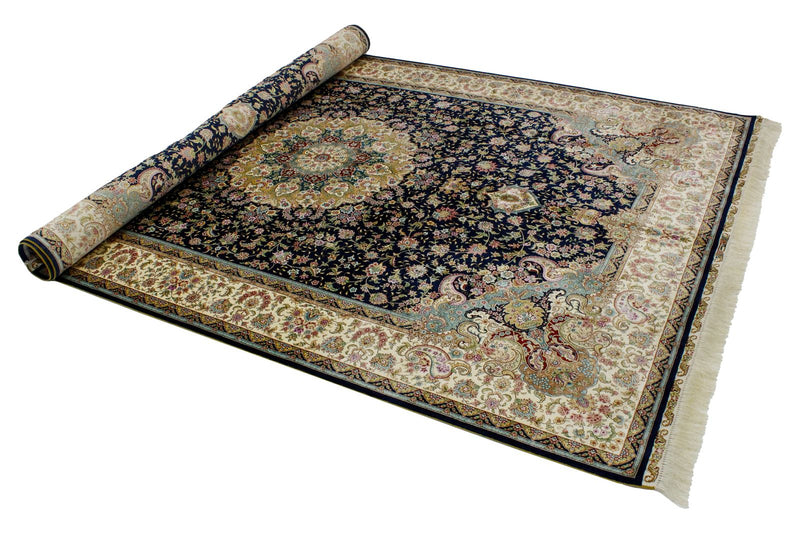 6x9 Navy and Ivory Turkish Silk Rug