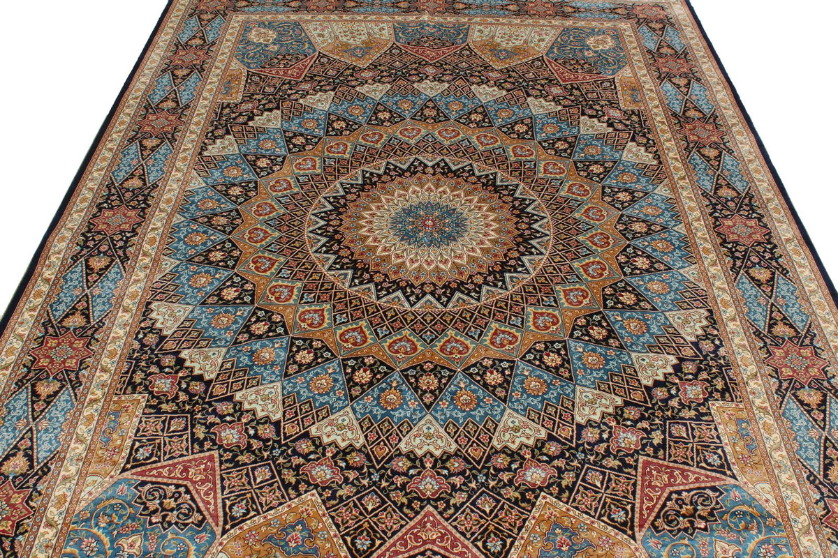 6x9 Navy and Blue Turkish Silk Rug