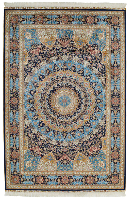 6x9 Navy and Blue Turkish Silk Rug