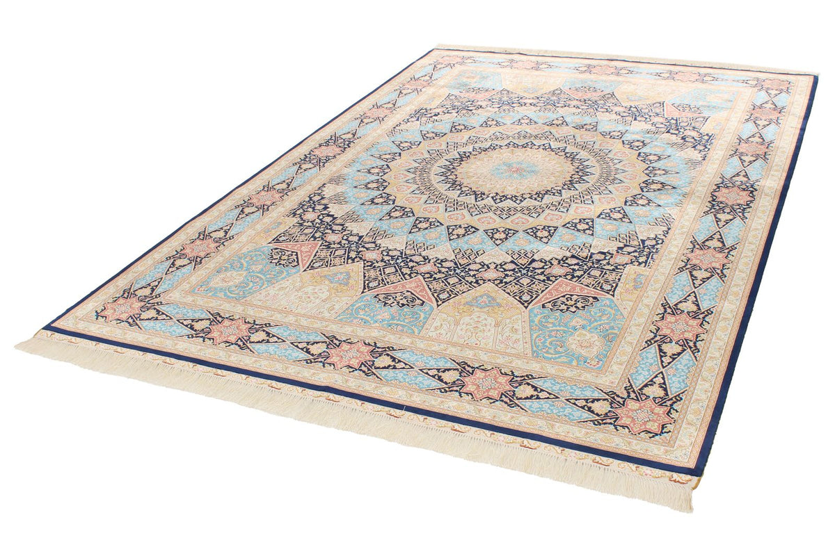 6x9 Navy and Blue Turkish Silk Rug