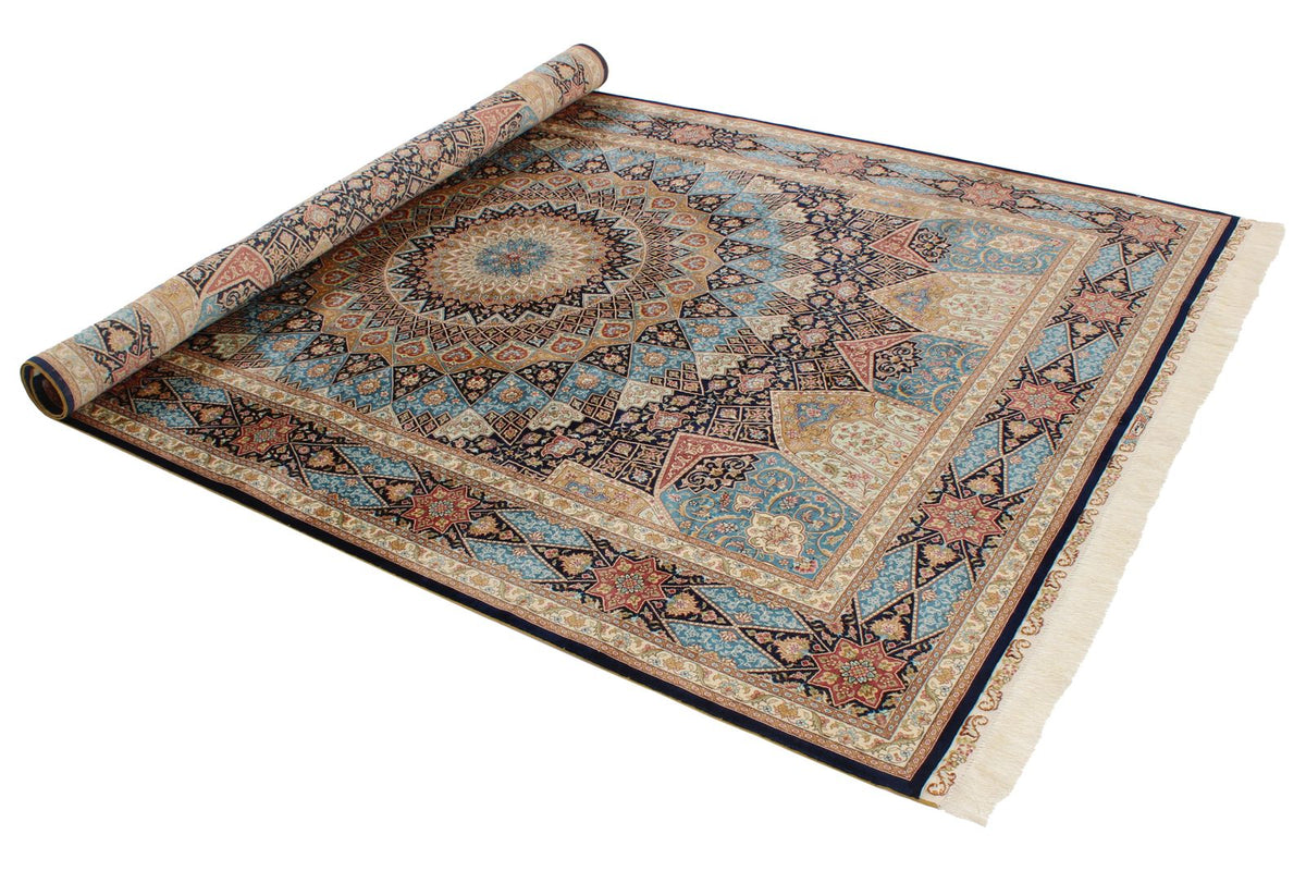 6x9 Navy and Blue Turkish Silk Rug