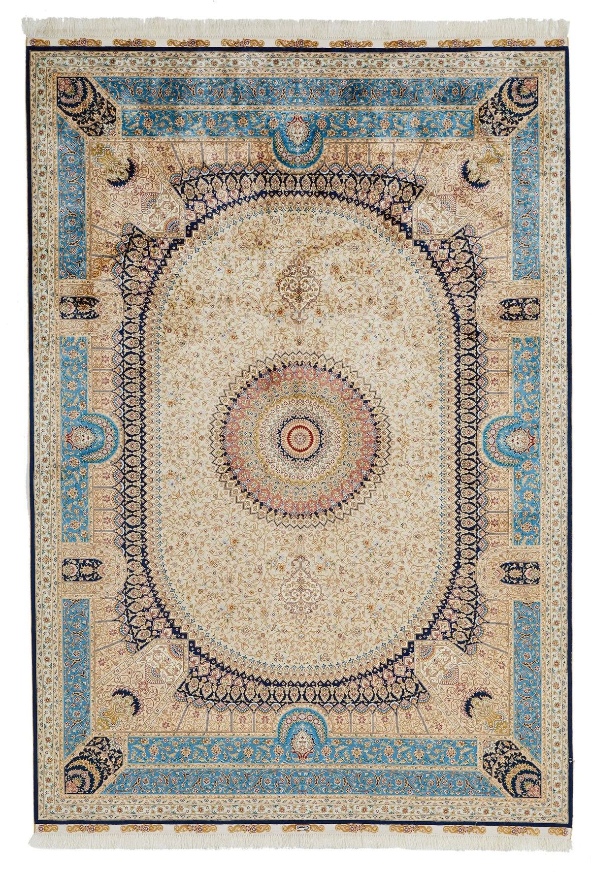 6x9 Ivory and Blue Turkish Silk Rug