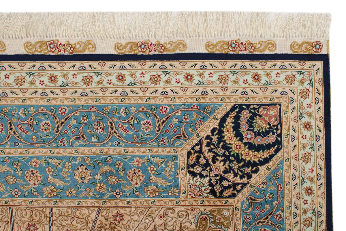 6x9 Ivory and Blue Turkish Silk Rug