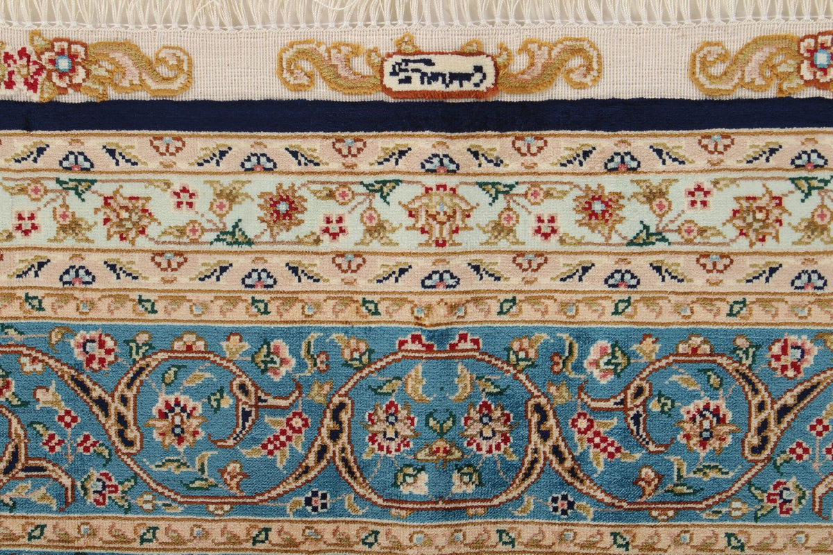 6x9 Ivory and Blue Turkish Silk Rug