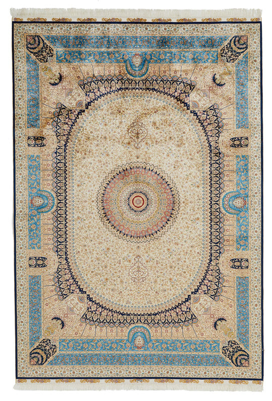 6x9 Ivory and Blue Turkish Silk Rug