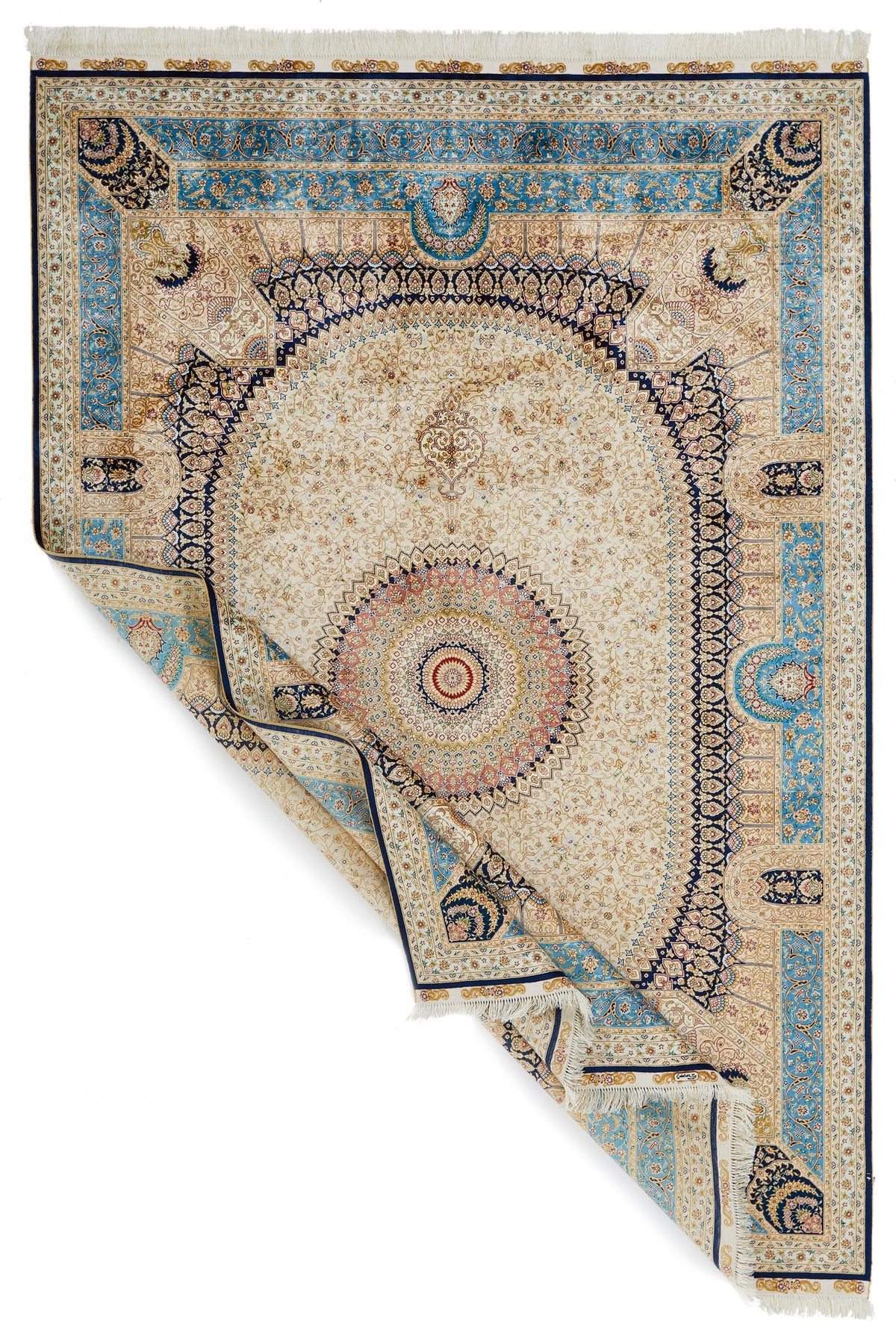 6x9 Ivory and Blue Turkish Silk Rug