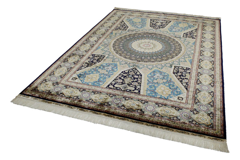 6x9 Blue and Navy Turkish Silk Rug