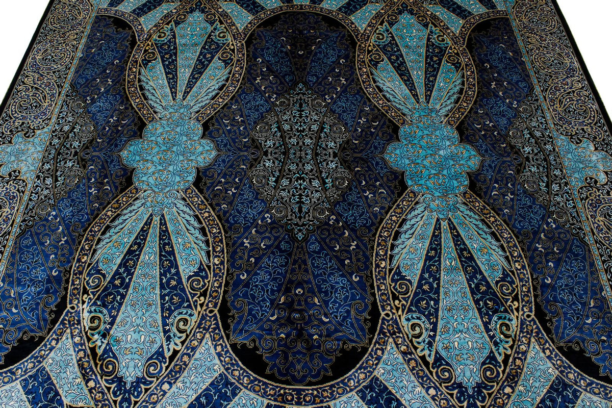 6x9 Black and Navy Turkish Silk Rug