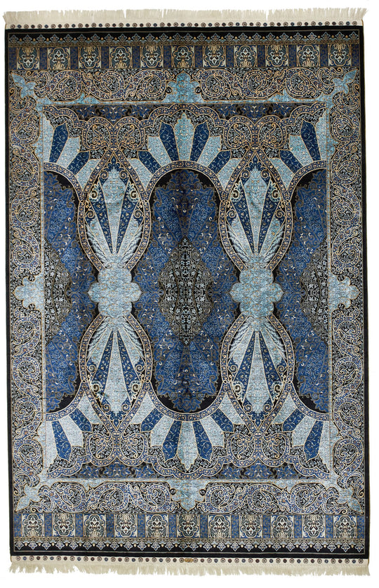 6x9 Black and Navy Turkish Silk Rug