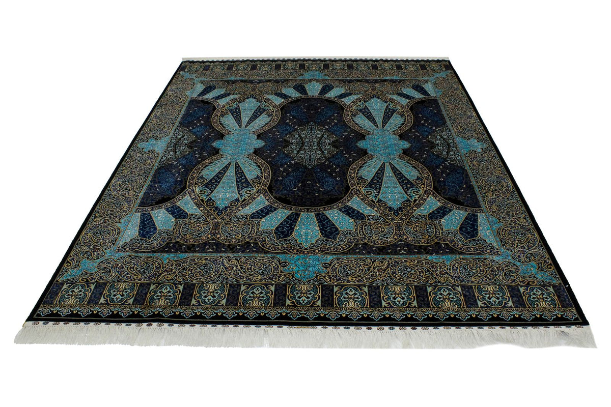 6x9 Black and Navy Turkish Silk Rug