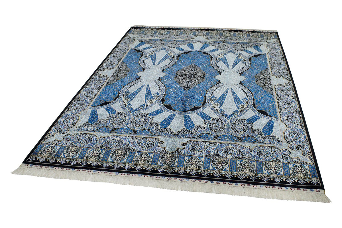 6x9 Black and Navy Turkish Silk Rug