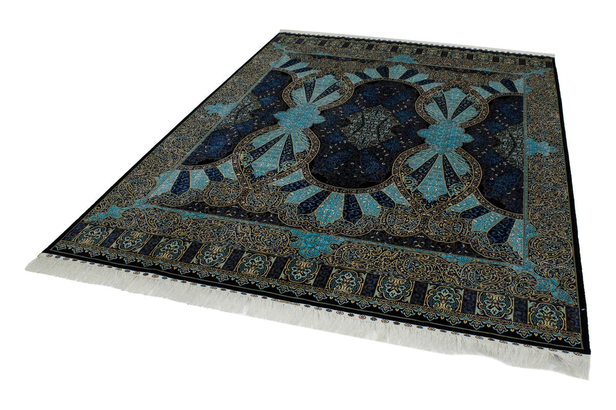 6x9 Black and Navy Turkish Silk Rug
