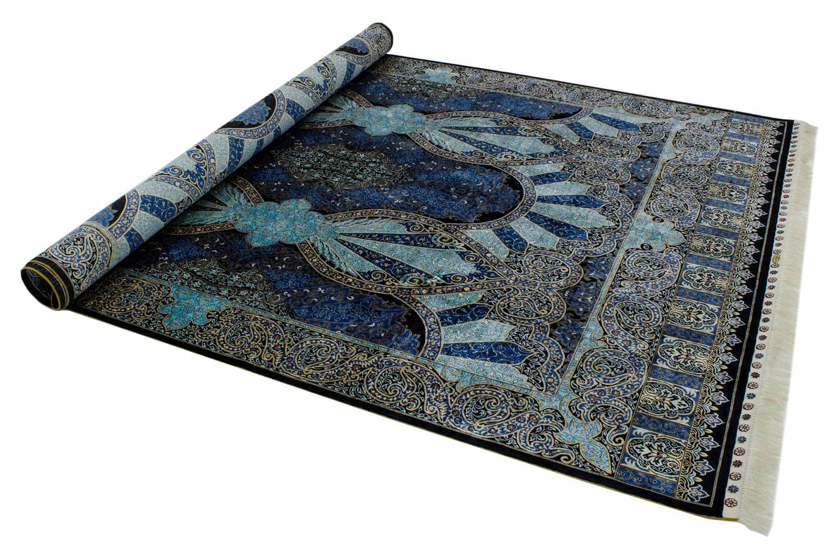 6x9 Black and Navy Turkish Silk Rug