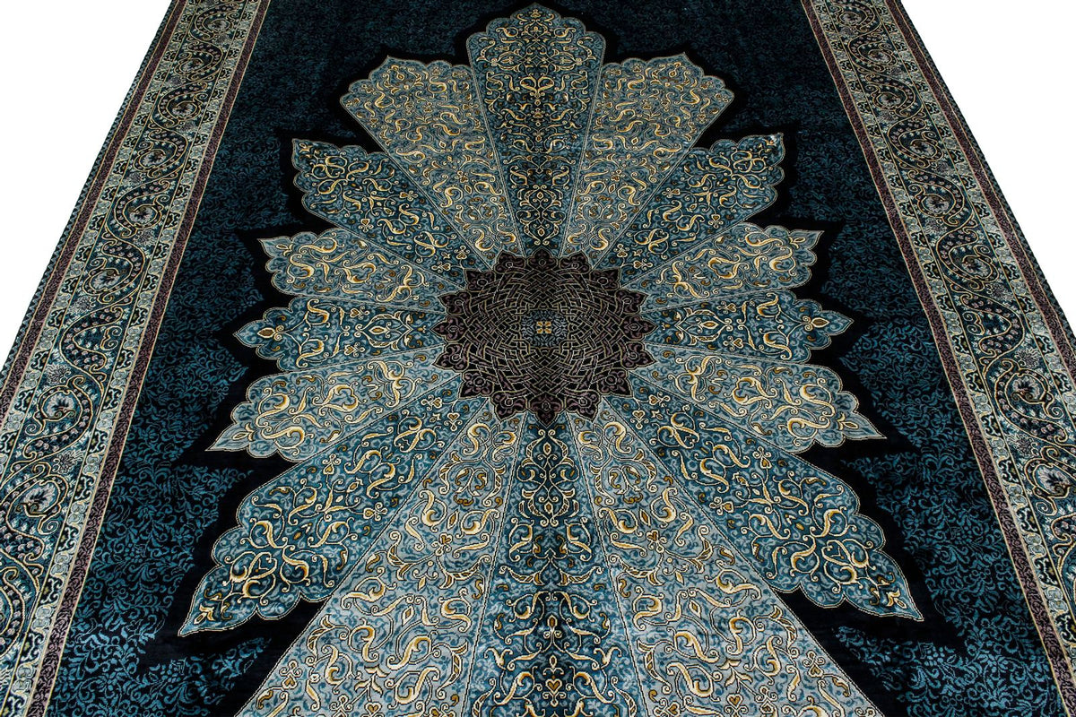 6x9 Black and Blue Turkish Silk Rug