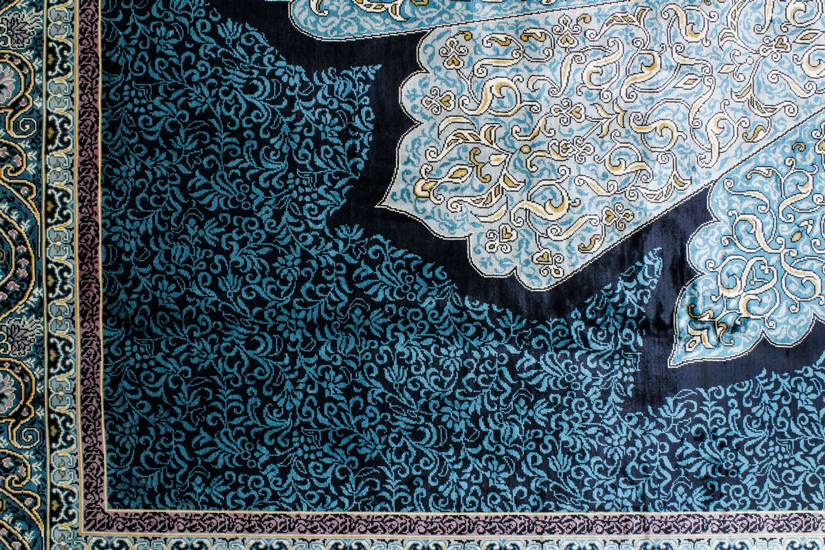 6x9 Black and Blue Turkish Silk Rug