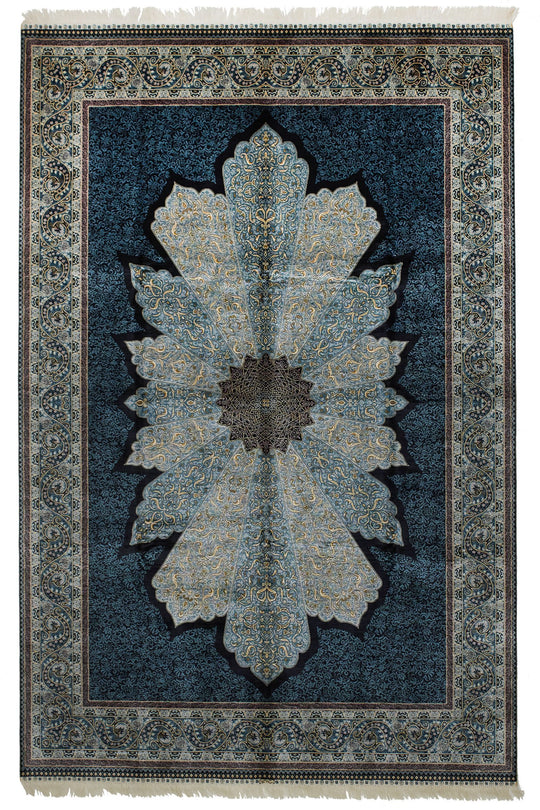6x9 Black and Blue Turkish Silk Rug
