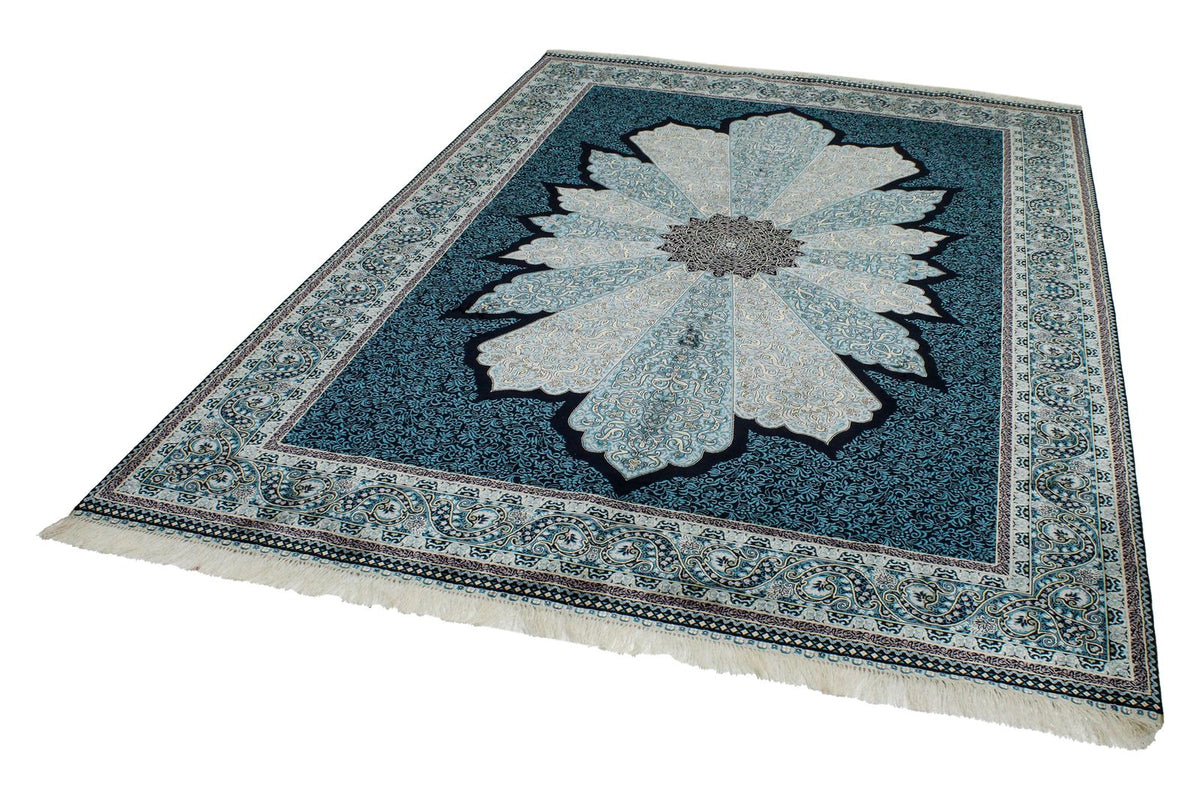 6x9 Black and Blue Turkish Silk Rug