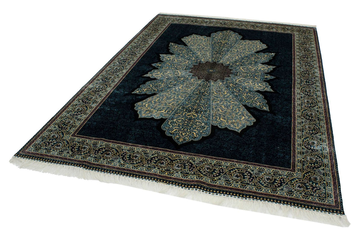 6x9 Black and Blue Turkish Silk Rug