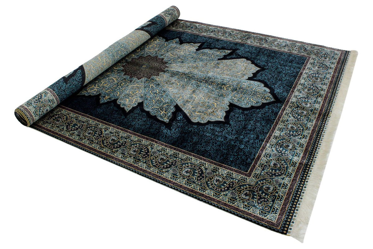 6x9 Black and Blue Turkish Silk Rug