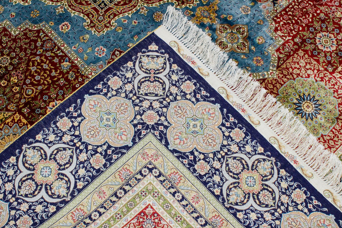 8x10 Red and Navy Turkish Silk Rug