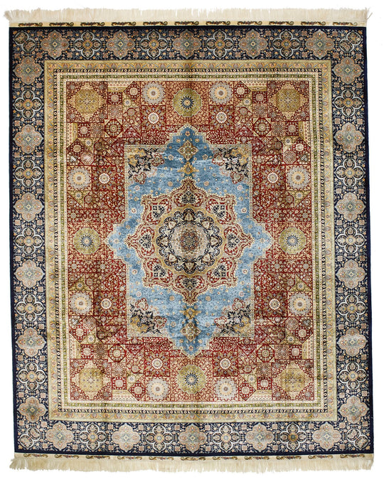 8x10 Red and Navy Turkish Silk Rug