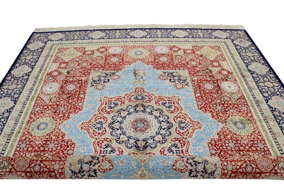 8x10 Red and Navy Turkish Silk Rug